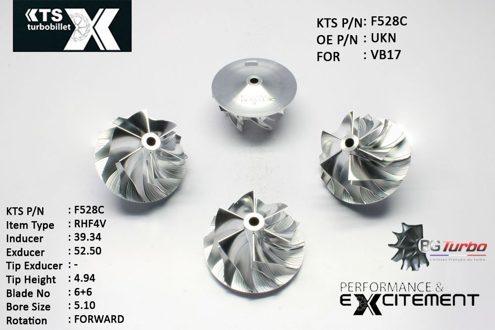 Turbo ROUE FORGÉE MFS PERFORMANCE - 6+6 PALES - INDUCER : 39,34 - EXDUCER : 52,5 - TYPE : RHF4VANGLE : 45° - ROTATION : Forward - SUPER BACK : 3,74 - BORE SIZE : 5,1
